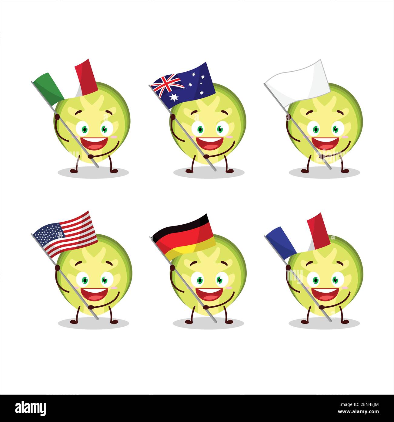 Slice of brussels sprouts cartoon character bring the flags of various countries. Vector illustration Stock Vector