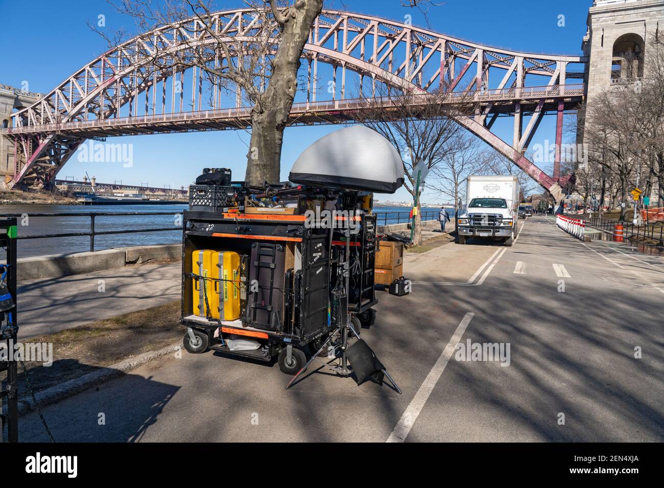 NEW YORK, NY – FEBRUARY 25: Grip equipment seen in Astoria Park in preparation for the filming of the television show 'Blue Bloods' season eleven on February 25, 2021 in New York City. Credit: Ron Adar/Alamy Live News Stock Photo