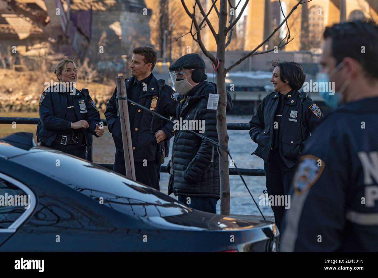 NEW YORK, NY – FEBRUARY 25: Vanessa Ray, Will Estes and Lauren Patten are seen during the filming of the television show 'Blue Bloods' season eleven in Astoria Park on February 25, 2021 in New York City. Credit: Ron Adar/Alamy Live News Stock Photo