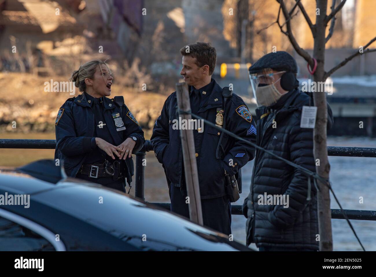 NEW YORK, NY – FEBRUARY 25: Vanessa Ray and Will Estes are seen during the filming of the television show 'Blue Bloods' season eleven in Astoria Park on February 25, 2021 in New York City. Credit: Ron Adar/Alamy Live News Stock Photo