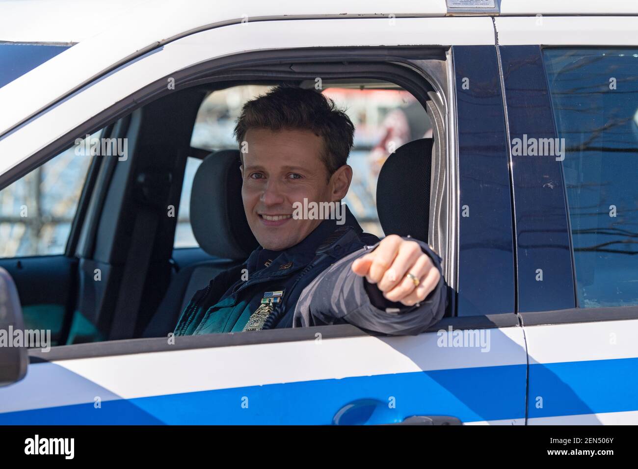 NEW YORK, NY – FEBRUARY 25: Will Estes is seen on a film production trailer during the filming of the television show 'Blue Bloods' season eleven in Astoria Park on February 25, 2021 in New York City. Credit: Ron Adar/Alamy Live News Stock Photo
