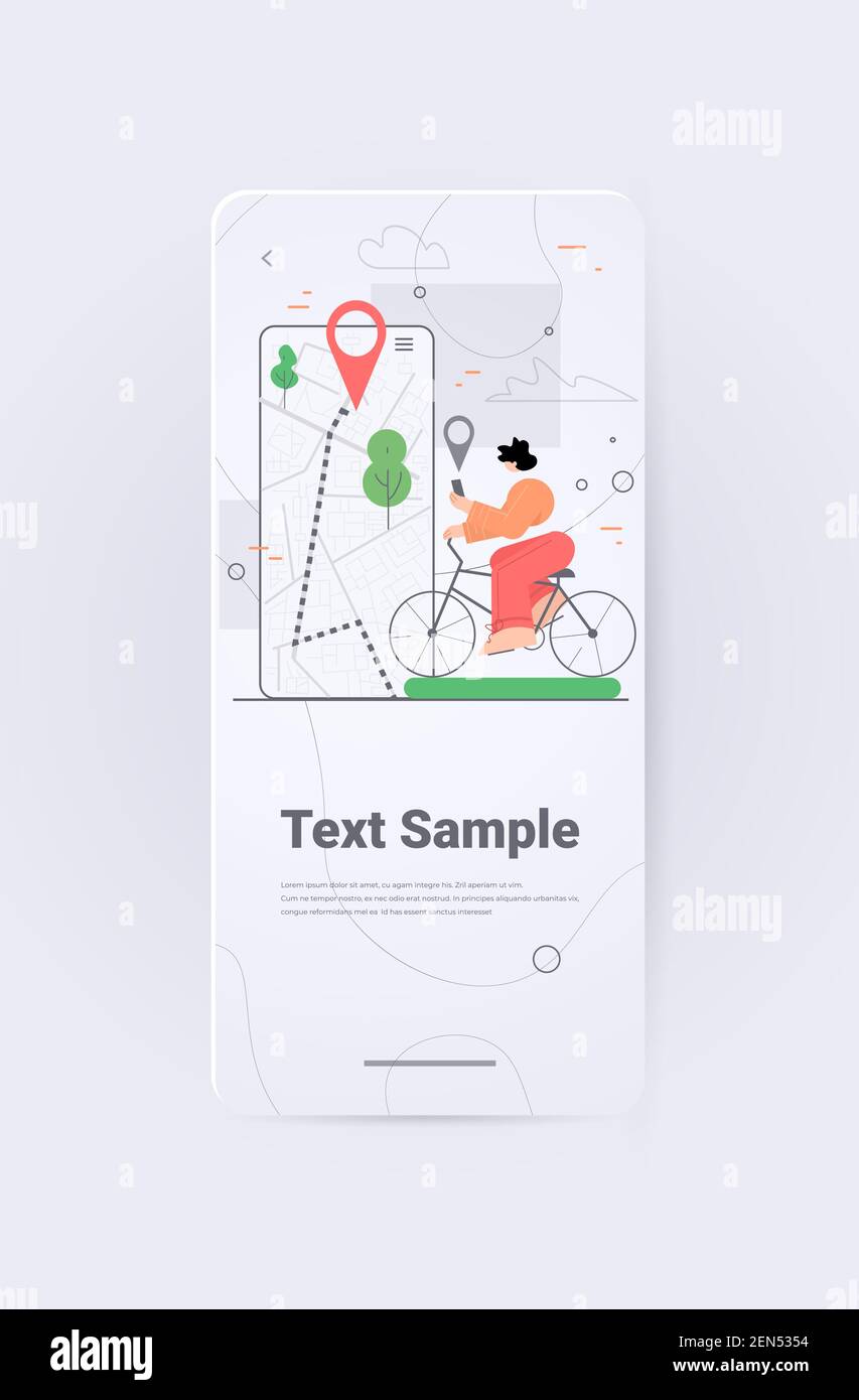 woman riding bike using mobile gps navigation app travel tourism