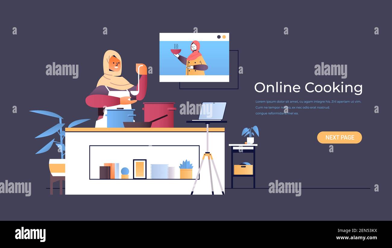 Arab Woman Food Blogger Preparing Dish While Watching Video Tutorial With Arabic Chef In Web Browser Window Online Cooking Lesson Concept Horizontal Copy Space Vector Illustration Stock Vector Image Art