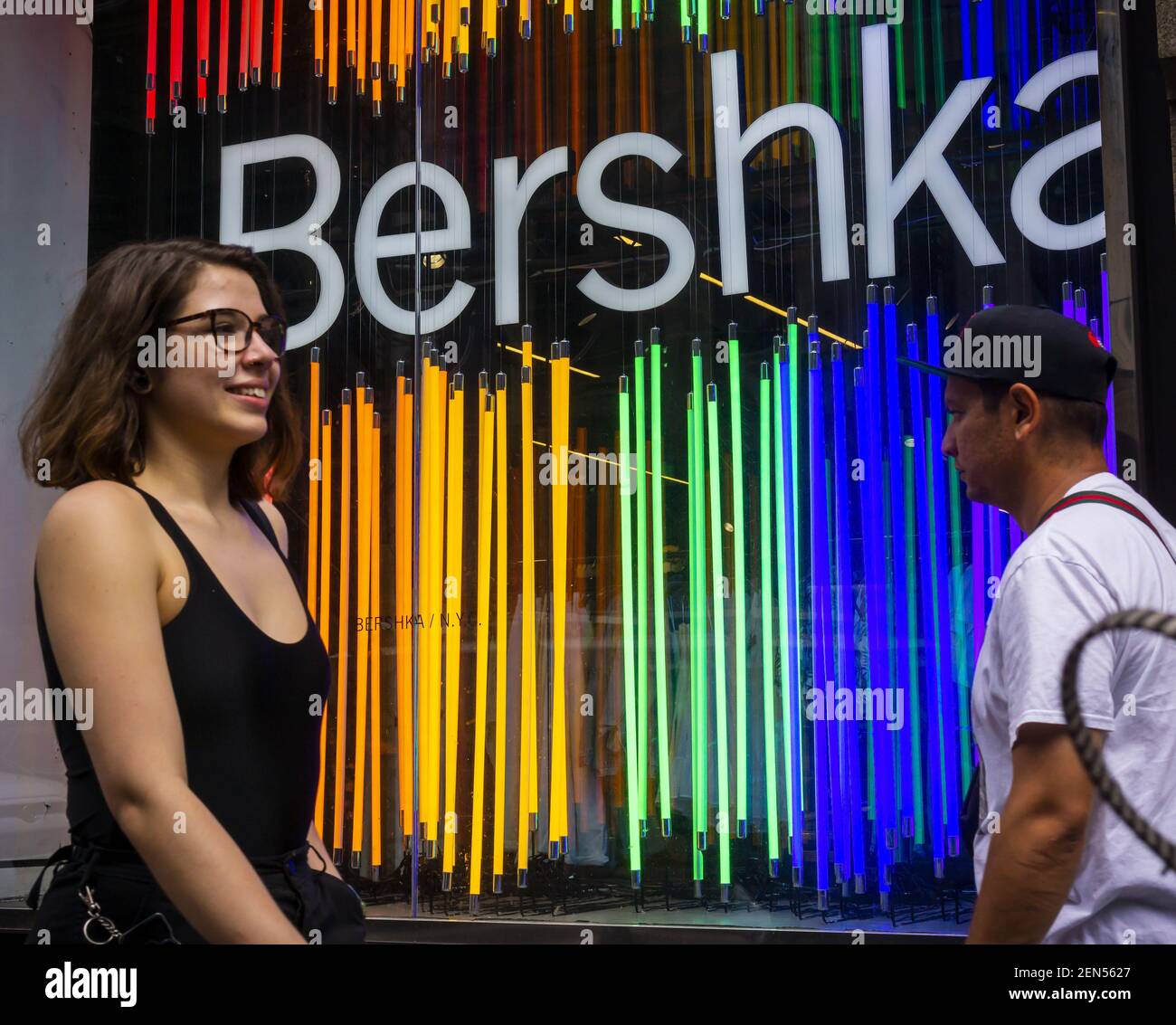 Shoppers pass a Bershka clothing store in Soho in New York on Friday, June  7, 2019. The chain is owned by Spanish retail giant Inditex, one of the  largest clothing retailers in