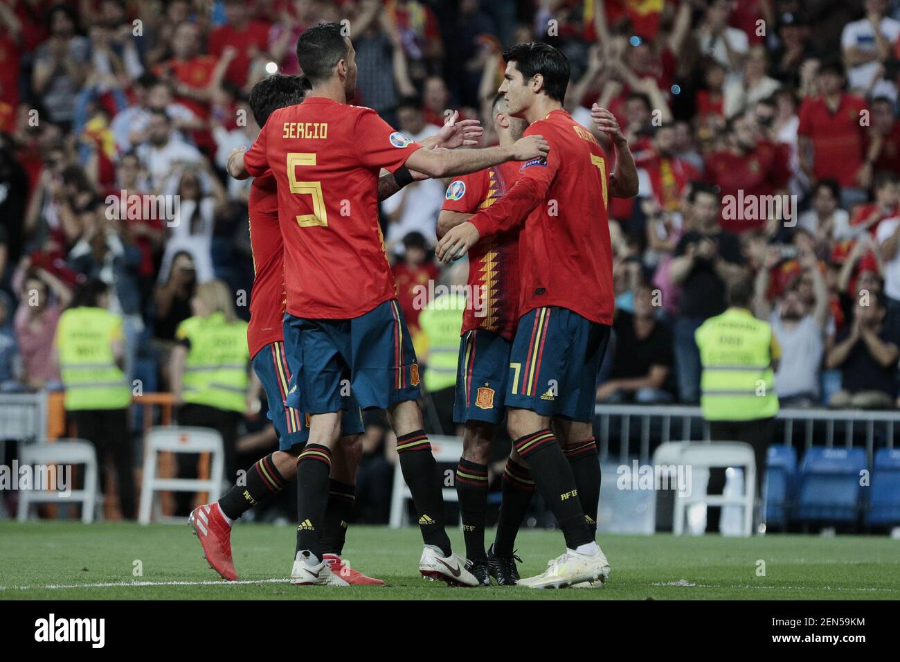 Spain National Team Players Celebrate During The Uefa Euro Qualifier Match Between Spain And Sweden At Santiago Bernabeu Stadium In Madrid Final Score Spain 3 Sweden 0 Photo By Legan Spain National Team Players Celebrate During The Uefa Euro Qualifier Match Between Spain And Sweden At Santiago Bernabeu Stadium In Madrid Final Score Spain 3 Sweden 0 Photo By Legan