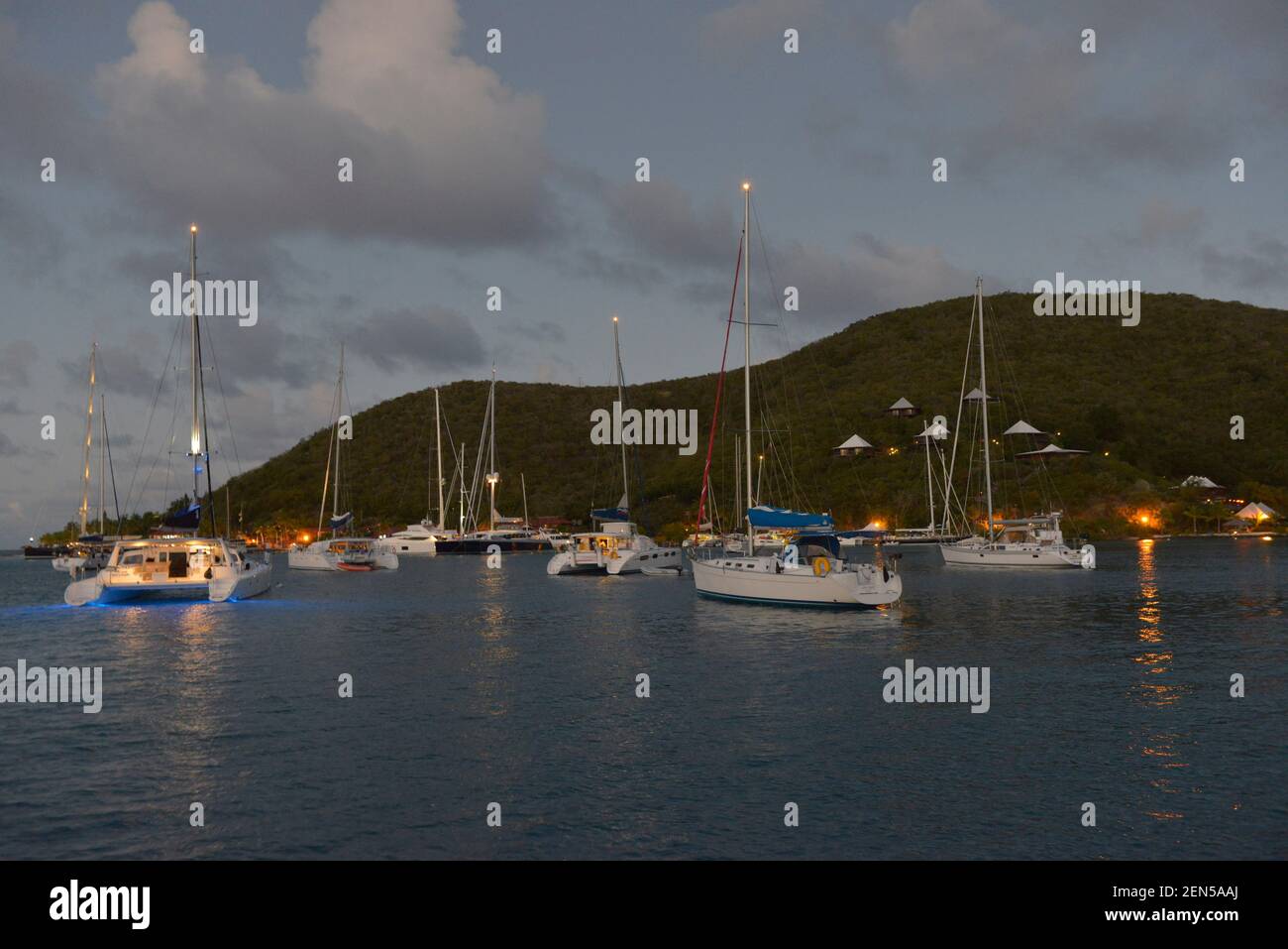Boats at anchor at dusk, Bitter End Yacht Club, Gorda Sound, Virgin Gorda, British Virgin