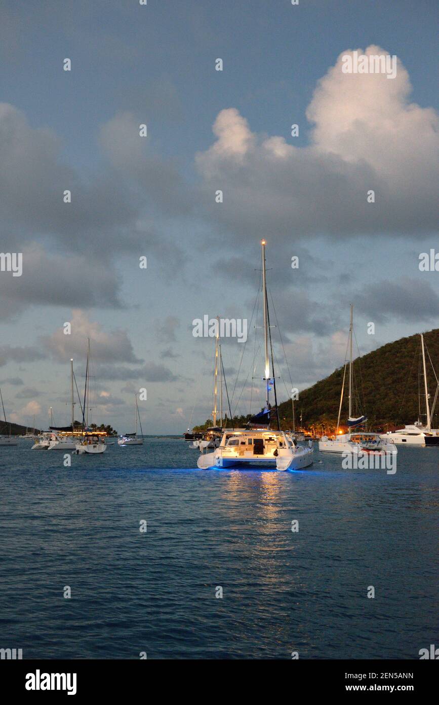 Boats at anchor at night, Bitter End Yacht Club, Gorda Sound, Virgin Gorda, British Virgin