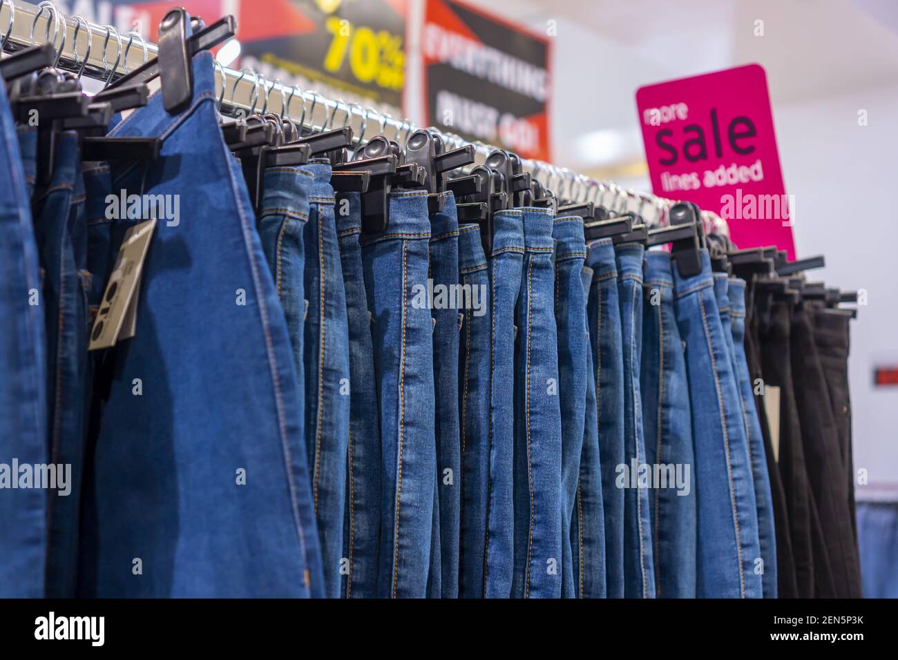 Denim jeans on sale at the TopShop/TopMan store on Fifth Avenue in New York  on Thursday, June 13, 2019. The Arcadia Group, the owner of the TopShop  chain, announced that it will