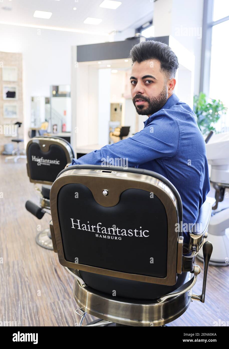 Hamburg, Germany. 25th Feb, 2021. Mahmoud Khalaf, owner of the hair