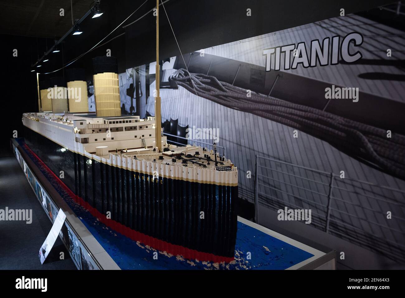 A large mockup of 'Titanic' ship displayed inside a glass cabinet during  the exhibition. The LEGO exhibition is a temporary exhibition, the most  biggest of Europe about figures of LEGO, showing different