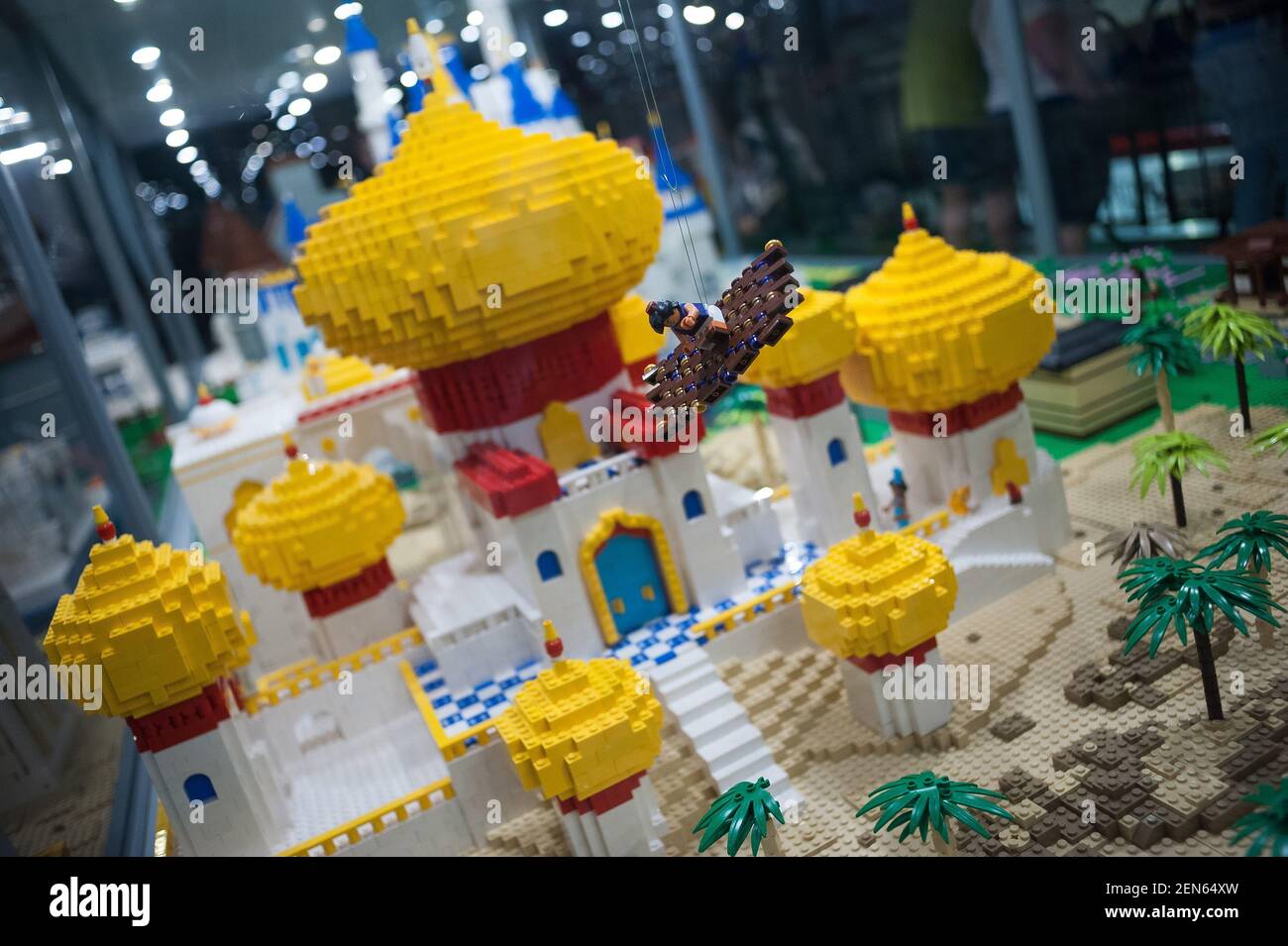 A character of the film 'Aladdin' displayed inside a glass cabinet during  the exhibition. The LEGO exhibition is a temporary exhibition, the most  biggest of Europe about figures of LEGO, showing different