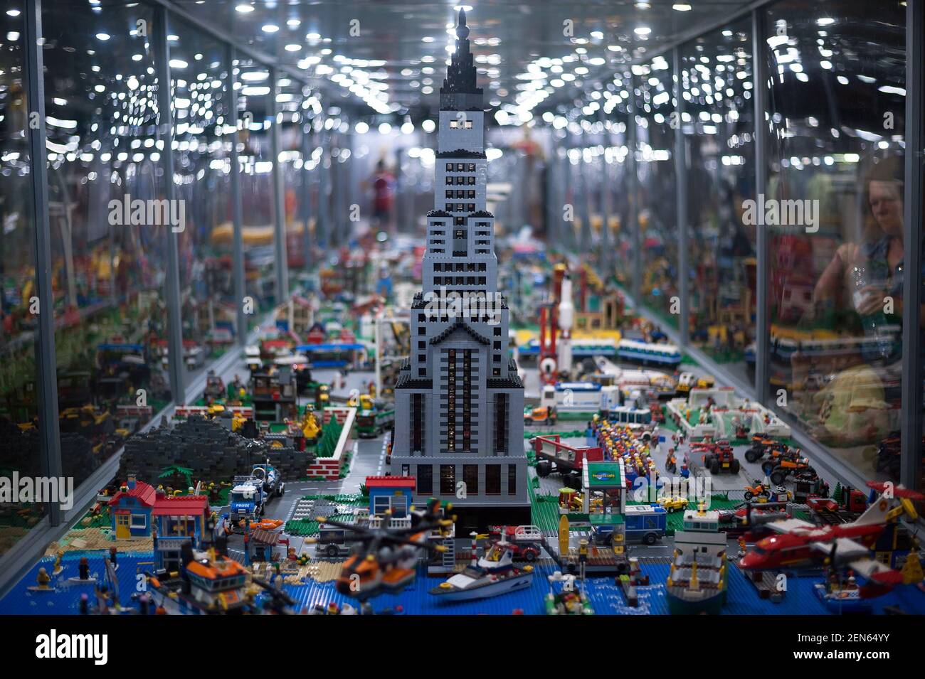 A huge mockup displayed inside a glass cabinet during the exhibition. The LEGO exhibition is a temporary exhibition the most biggest of Europe about figures of LEGO showing different mockups mounted w...