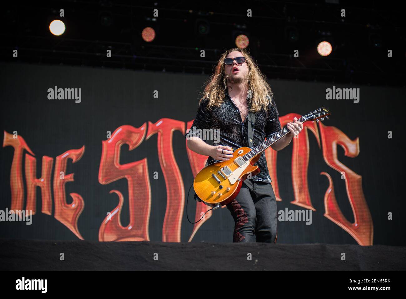 Adam Slack, guitarist of the English band The Struts, performing live on  stage at the Firenze Rocks festival 2019 in Florence, Italy on June 15,  2019. The Struts are opening for Eddie