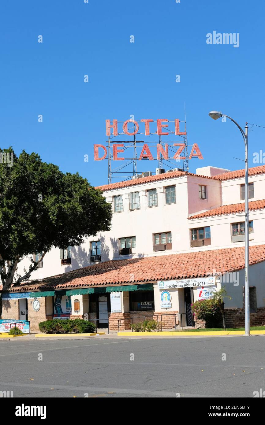 Sign above the former De Anza Hotel in Calexico, California; the hotel