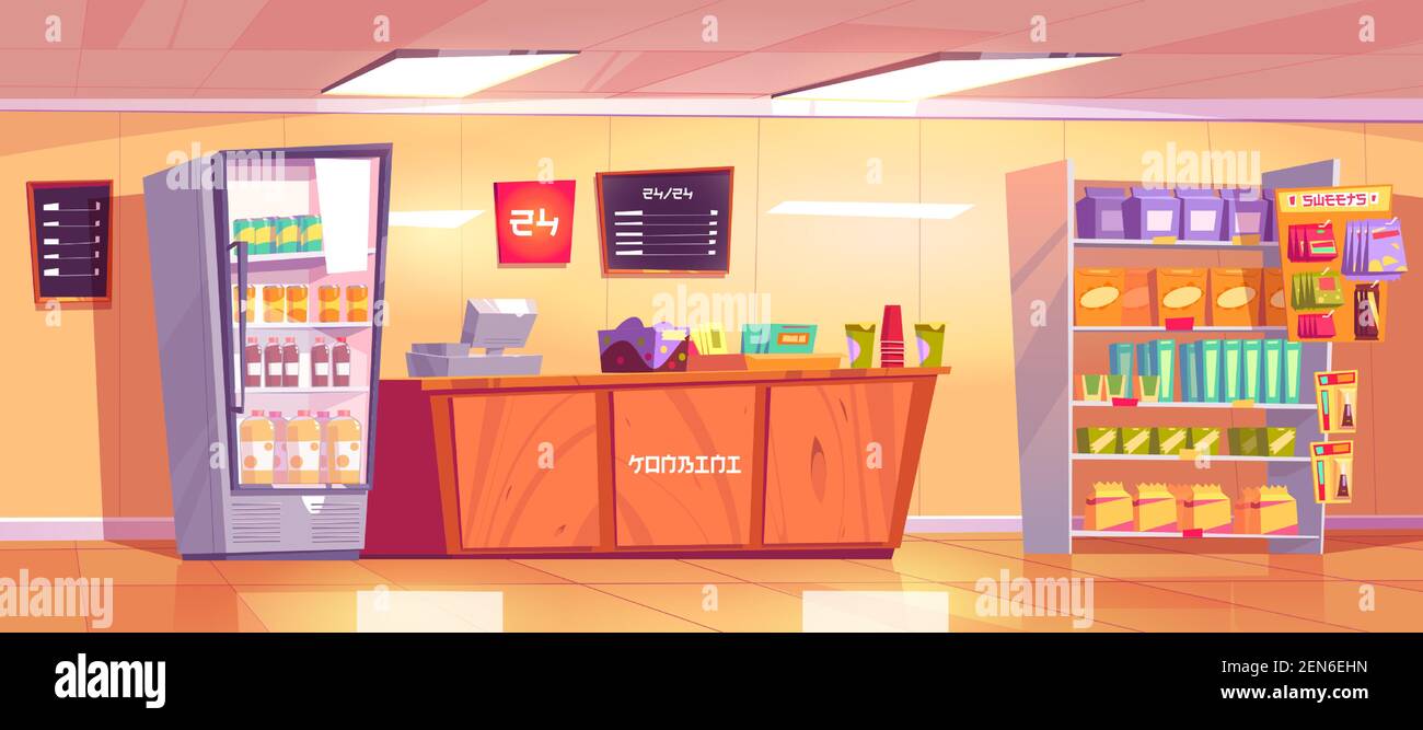 Konbini, convenience store interior with wooden checkout counter, shelves with food and refrigerator with drinks. Vector cartoon illustration of open 24 hours shop, empty japanese supermarket inside Stock Vector Image & Art - Konbini, convenience store interior with wooden checkout counter, shelves with food and refrigerator with drinks. Vector cartoon illustration of open 24 hours shop, empty japanese supermarket inside Stock Vector Image & Art -