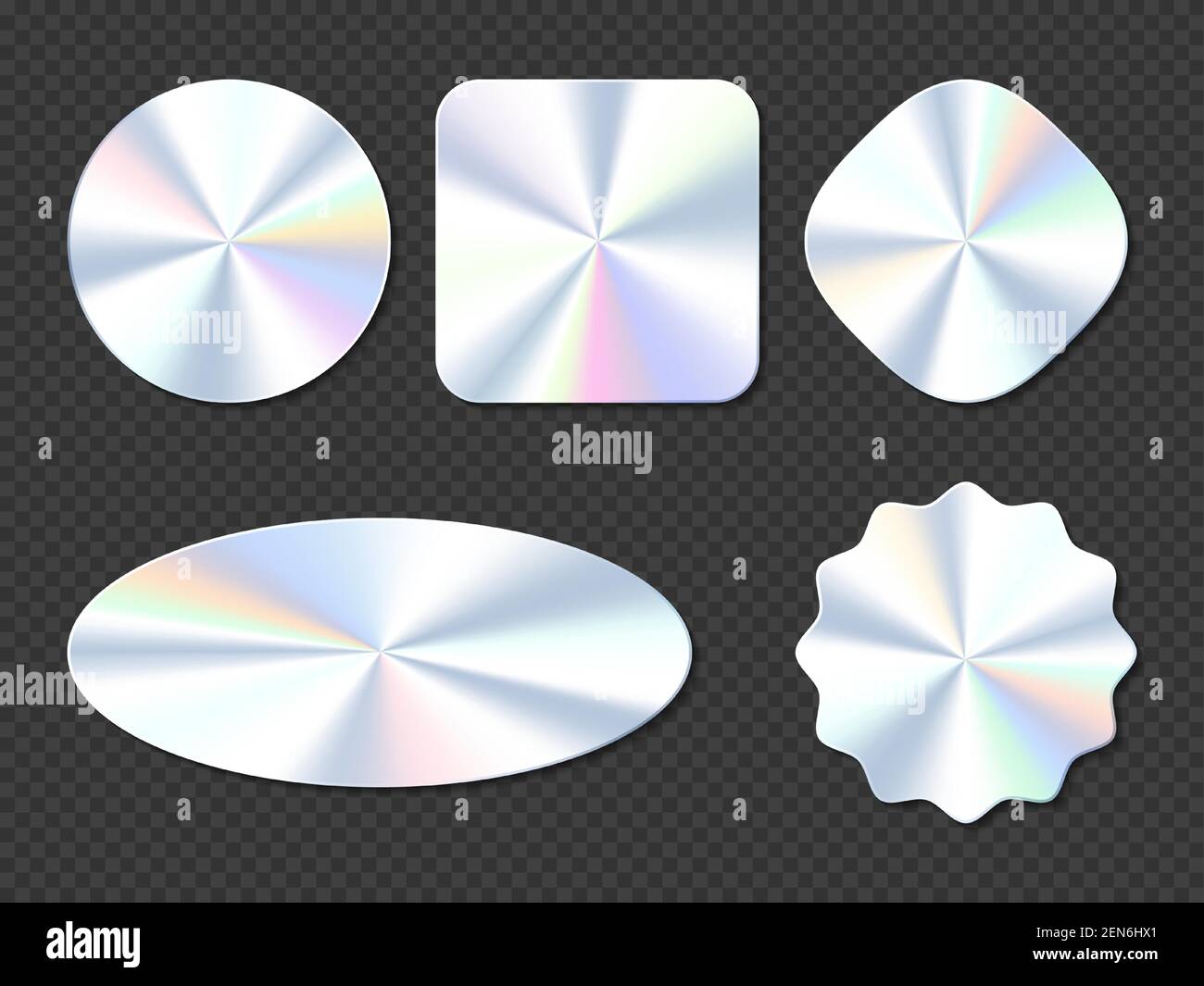 Holographic stickers, hologram labels of different shapes. Round, square, oval, rhombus and wavy iridescent foil or silver colored blank rainbow shiny emblems, Realistic 3d vector illustration, set Stock Vector