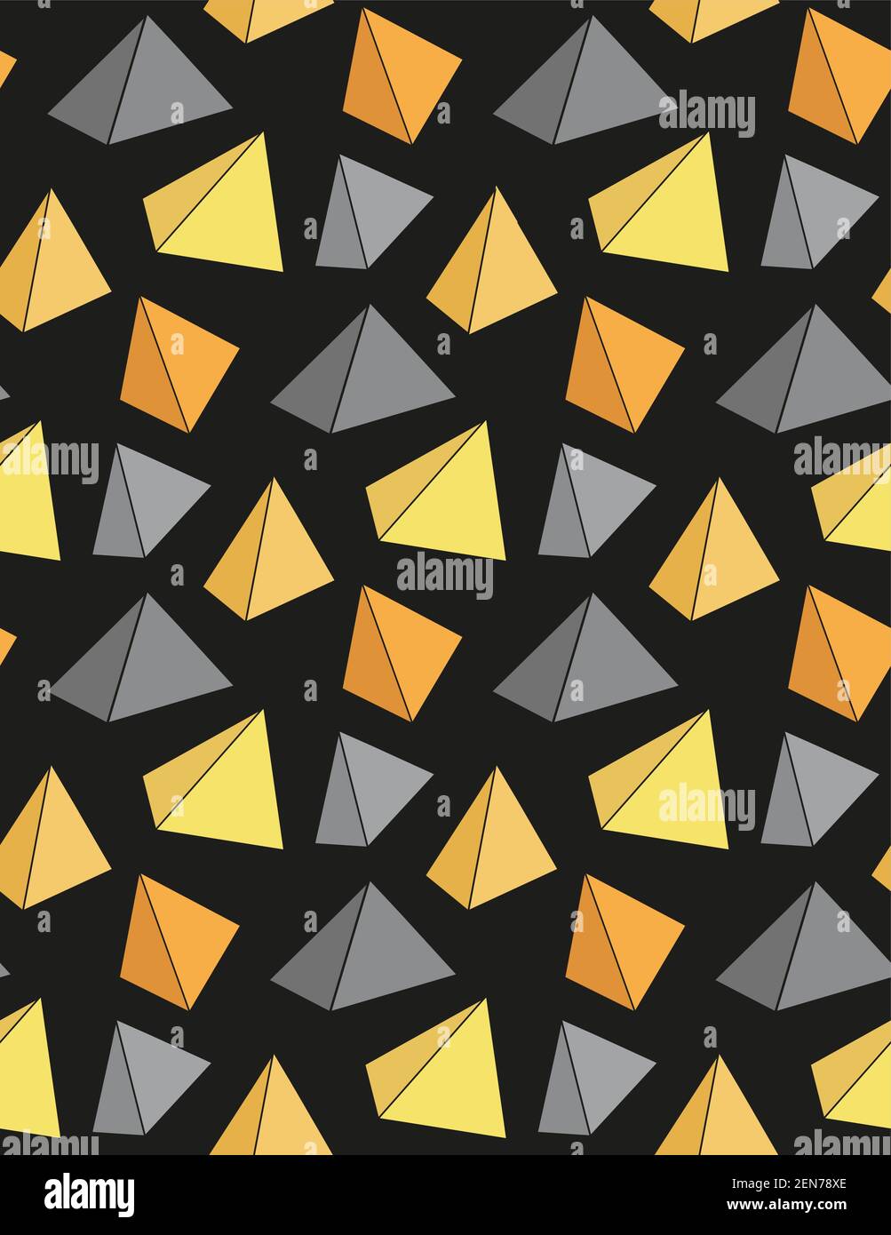 Seamless geometric pattern in trendy colors on dark background. Pyramids and triangles. Textures from simple volumetric shapes on black backdrop. Vect Stock Vector