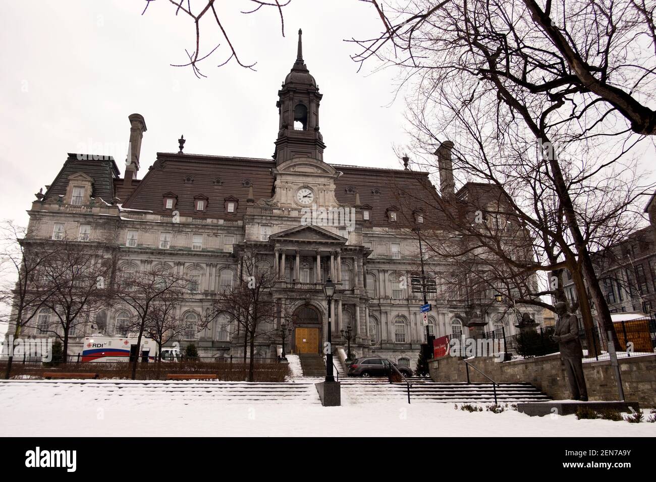 Old Montreal Quebec Winter Architecture Background with Snow Stock