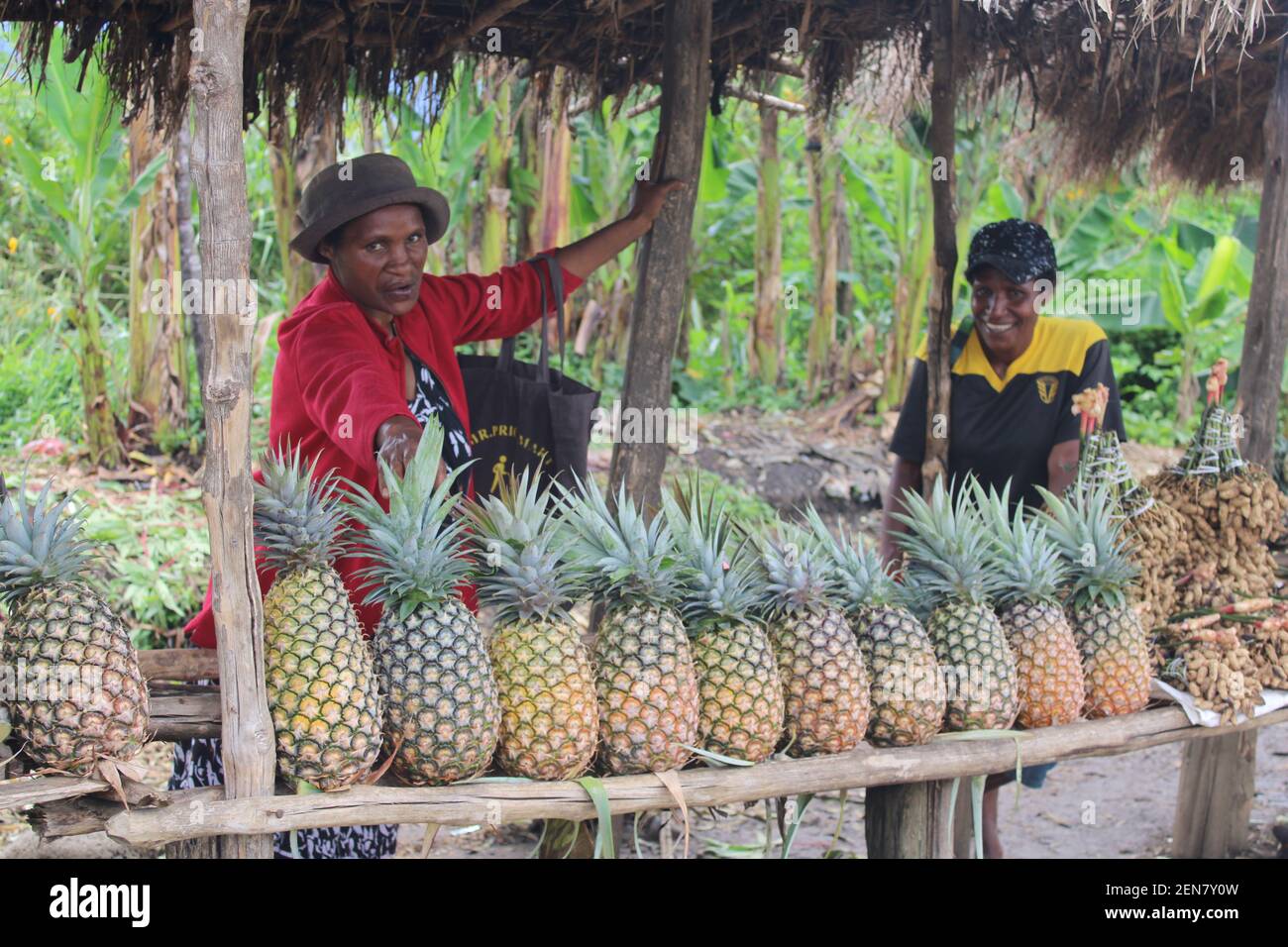 Papua New Guinean women selling fresh pineapples at a roadside market in Western Highlands, Papua New Guinea. Stock Photo