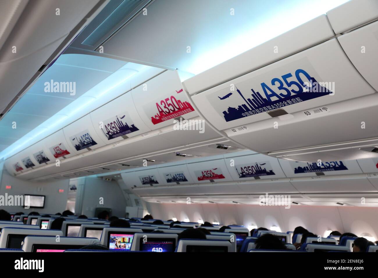 Interior view of the economy class for the first Airbus A350-900 jet plane  featuring new seat products of China Southern Airlines at the Guangzhou  Baiyun International Airport in Guangzhou city, south China's