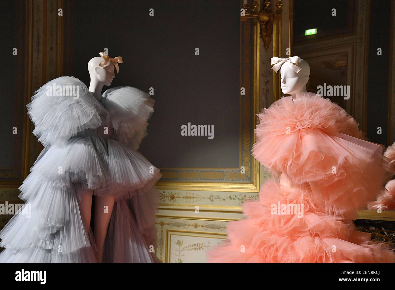 A model walks on the runway during the Giambattista Valli Paris Haute Couture Fall Winter 2019 / 2020 Fashion Show held in Paris, France on July 1, 2019. (Photo by Jonas Gustavsson/Sipa USA) Stock Photo