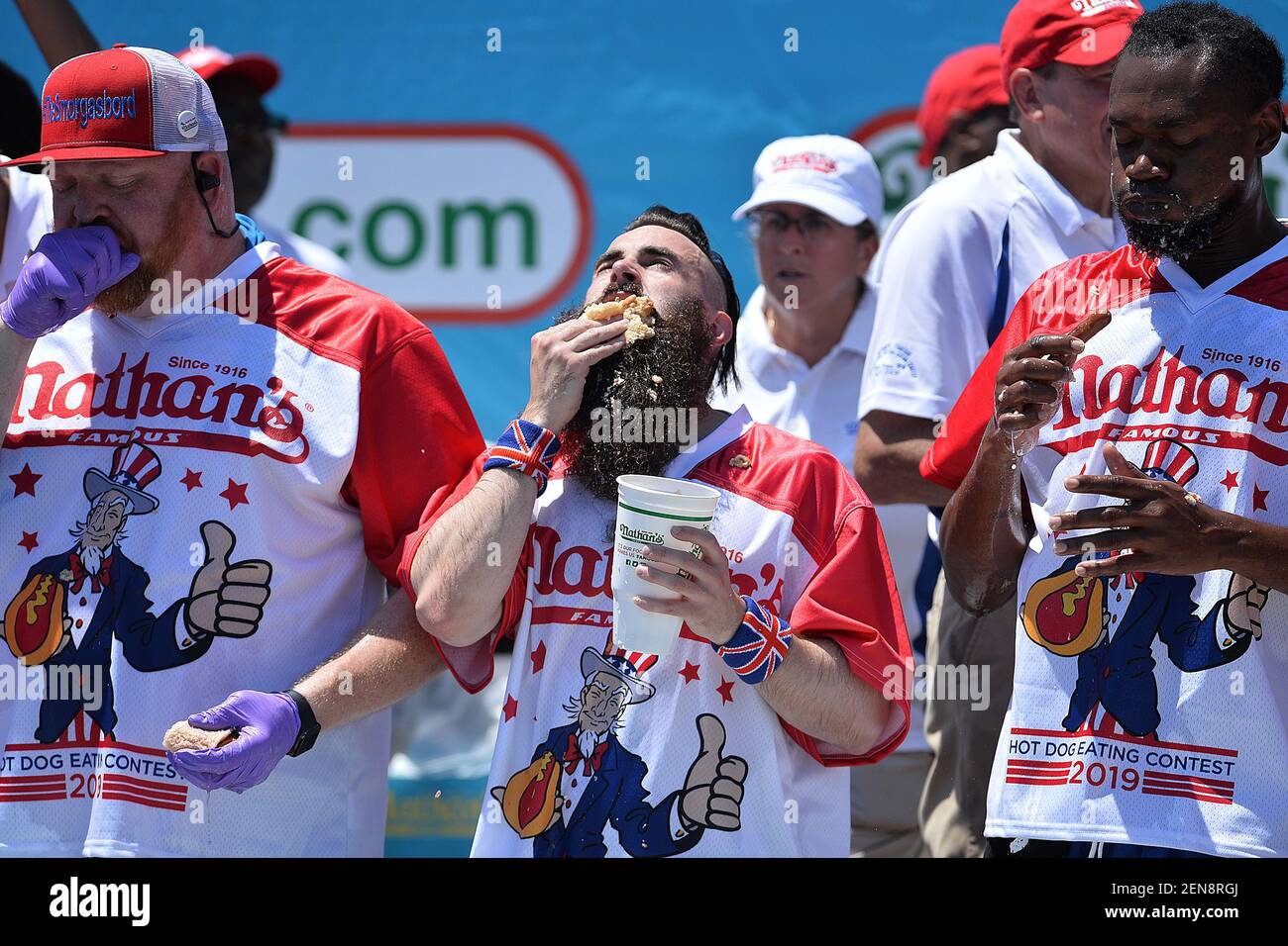 Adam Moran (center), from Leeds, in the 2019 Nathan’s