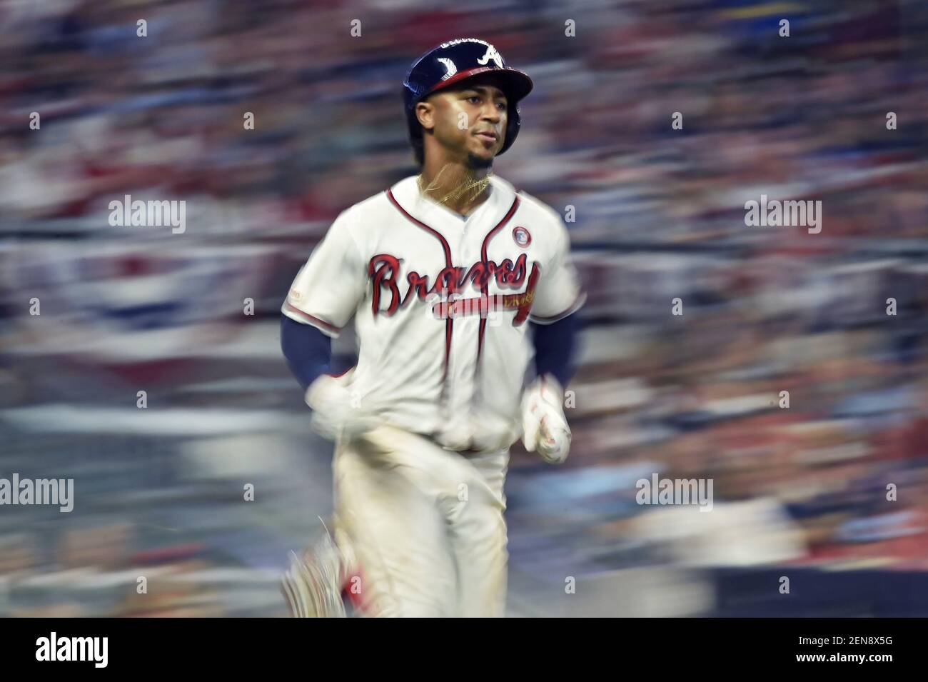 July 04, 2019: Atlanta Braves infielder Ozzie Albies heads to first base  after hitting a single during the eighth inning of a MLB game against the  Philadelphia Phillies at SunTrust Park in