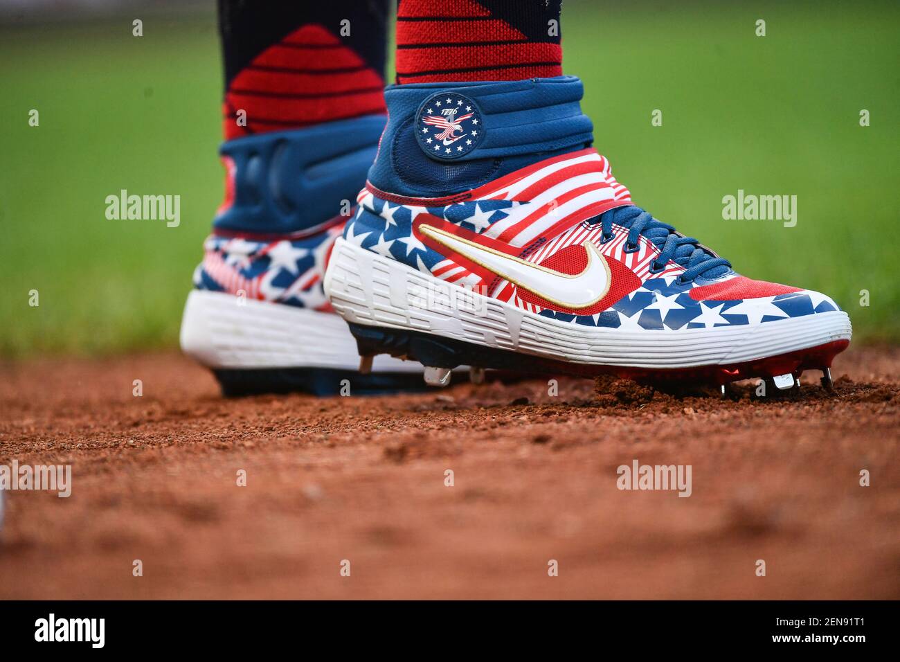 July 5, 2019: Nike 1776 celebration shoes being worn during the MLB game  between the St. Louis Cardinals and the San Francisco Giants at Oracle Park  in San Francisco, California. Chris Brown/(Photo