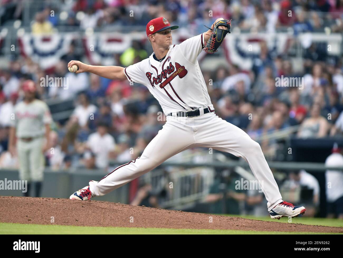 July 04, 2019: Atlanta Braves pitcher Mike Soroka delivers a pitch during  the first inning of a MLB game against the Philadelphia Phillies at  SunTrust Park in Atlanta, GA. Austin McAfee/(Photo by