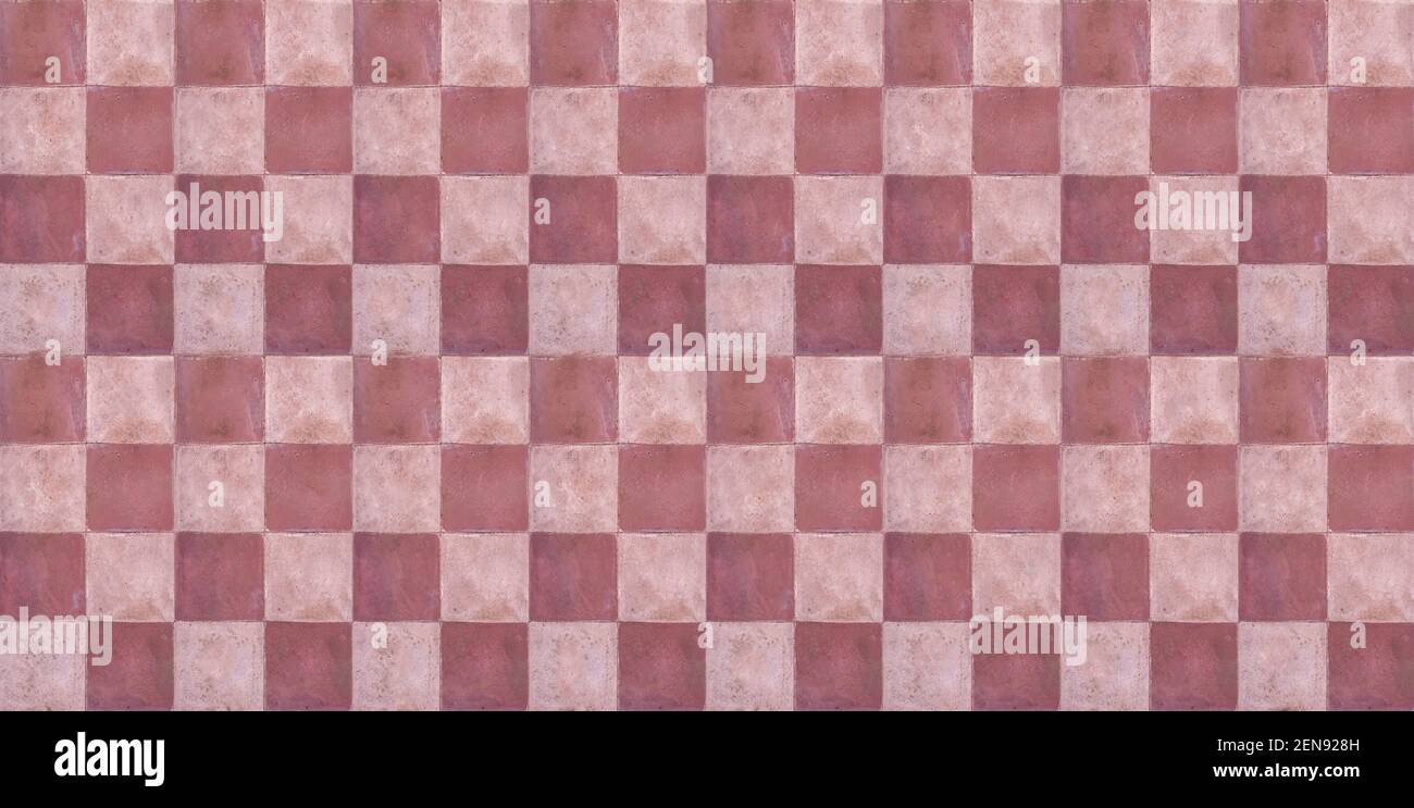 Terracotta floor old tiles background, texture, top view. Retro, vintage tiled flooring, red, pink white color. Ceramic tiles chessboard style floor, Stock Photo