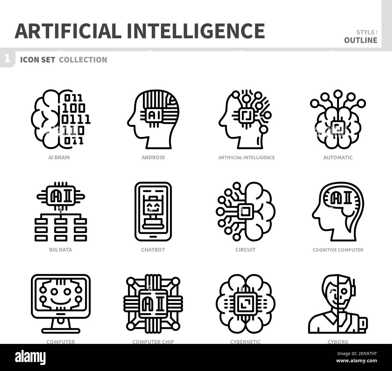 artificial intelligence icon set,outline style,vector and illustration Stock Vector