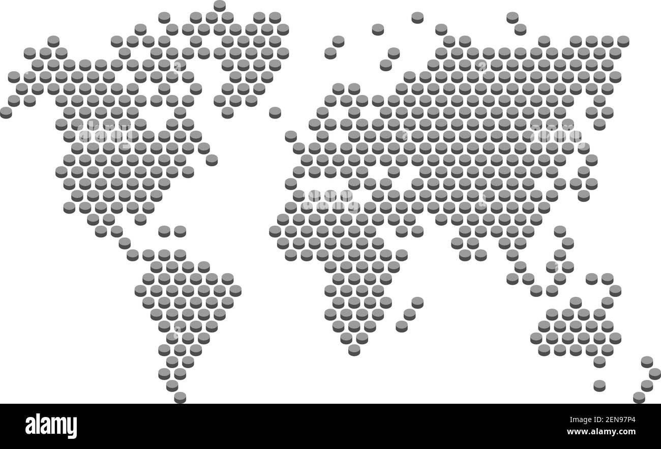 perspective flat button of dotted world map,grayscale button on white background,vector and illustration Stock Vector
