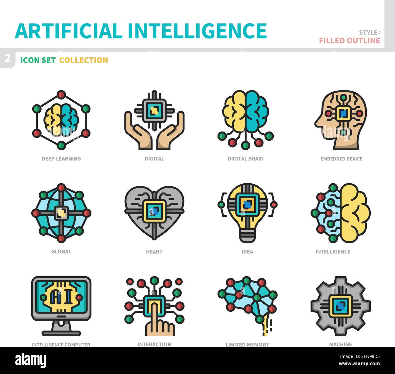 artificial intelligence icon set,filled outline style,vector and illustration Stock Vector