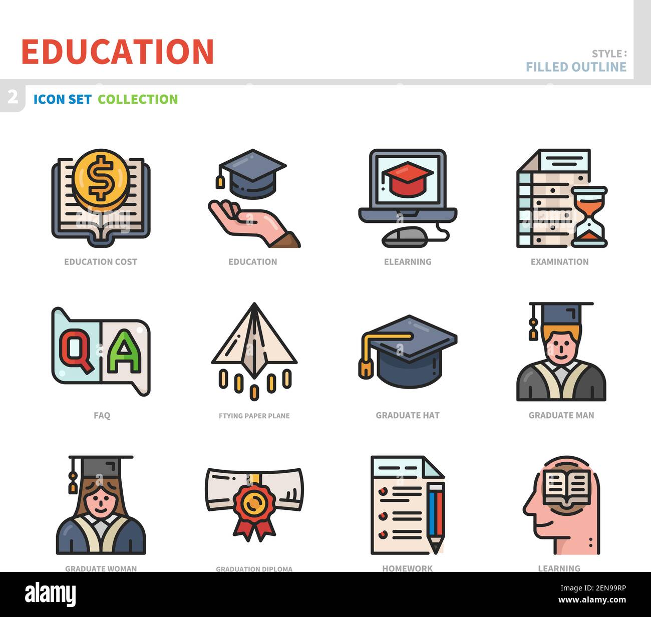 education icon set,filled outline style,vector and illustration Stock Vector