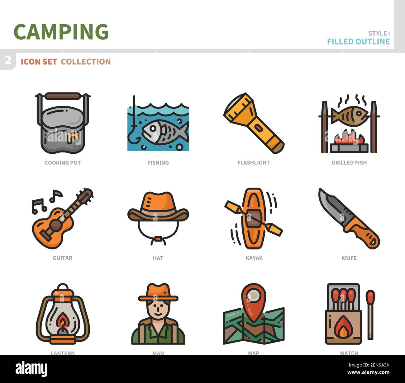 camping icon set,filled outline style,vector and illustration Stock Vector