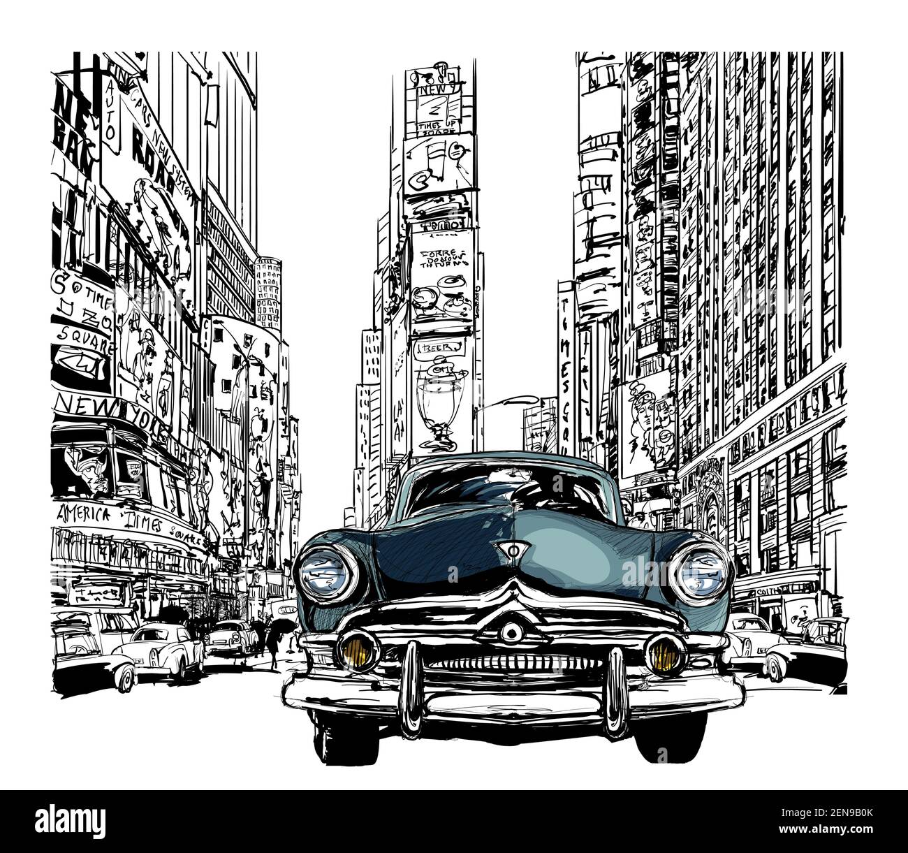 Old car in New York - vector illustration (this car is completely fictitious) Stock Vector