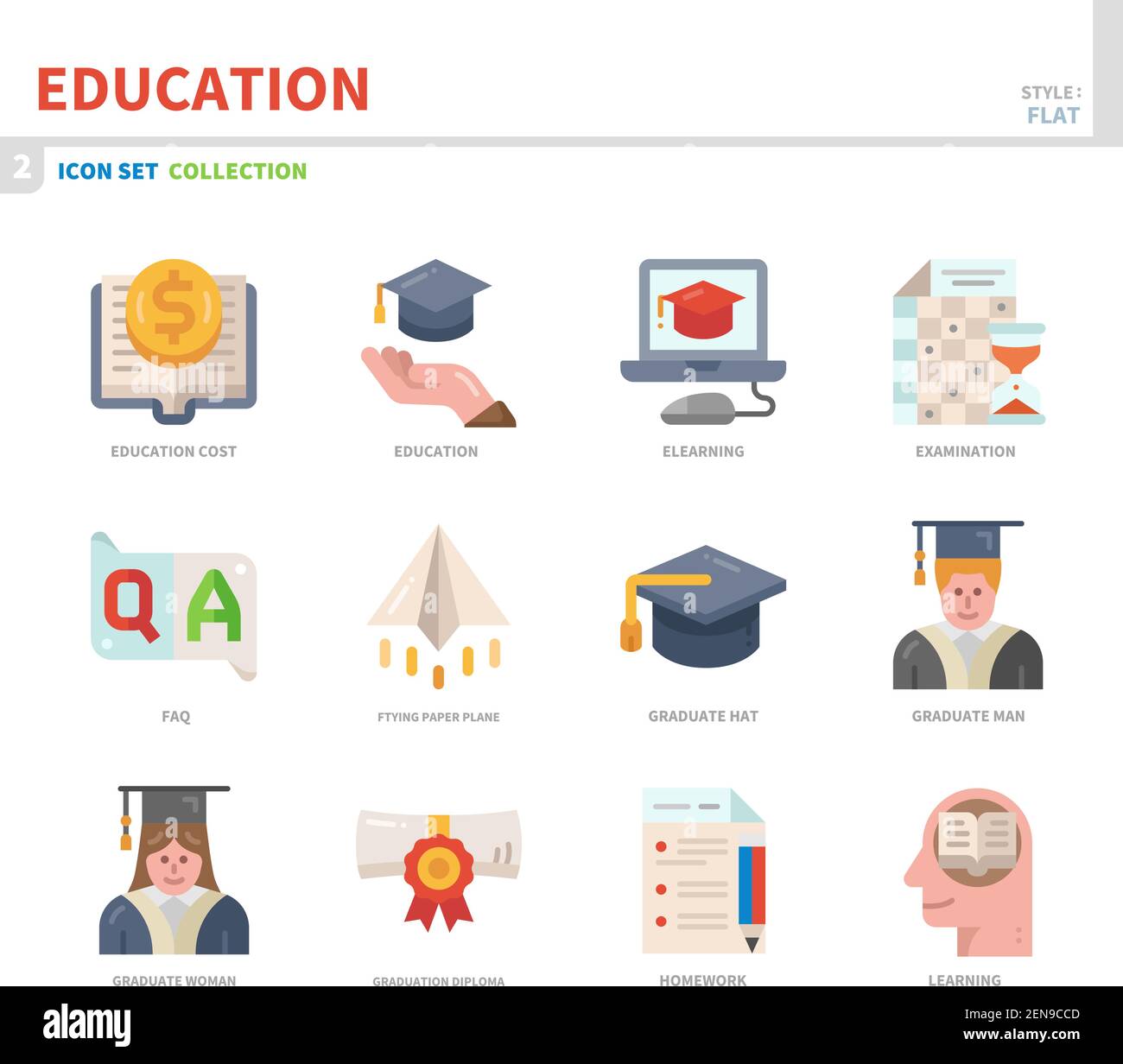 education icon set,color flat style,vector and illustration Stock Vector