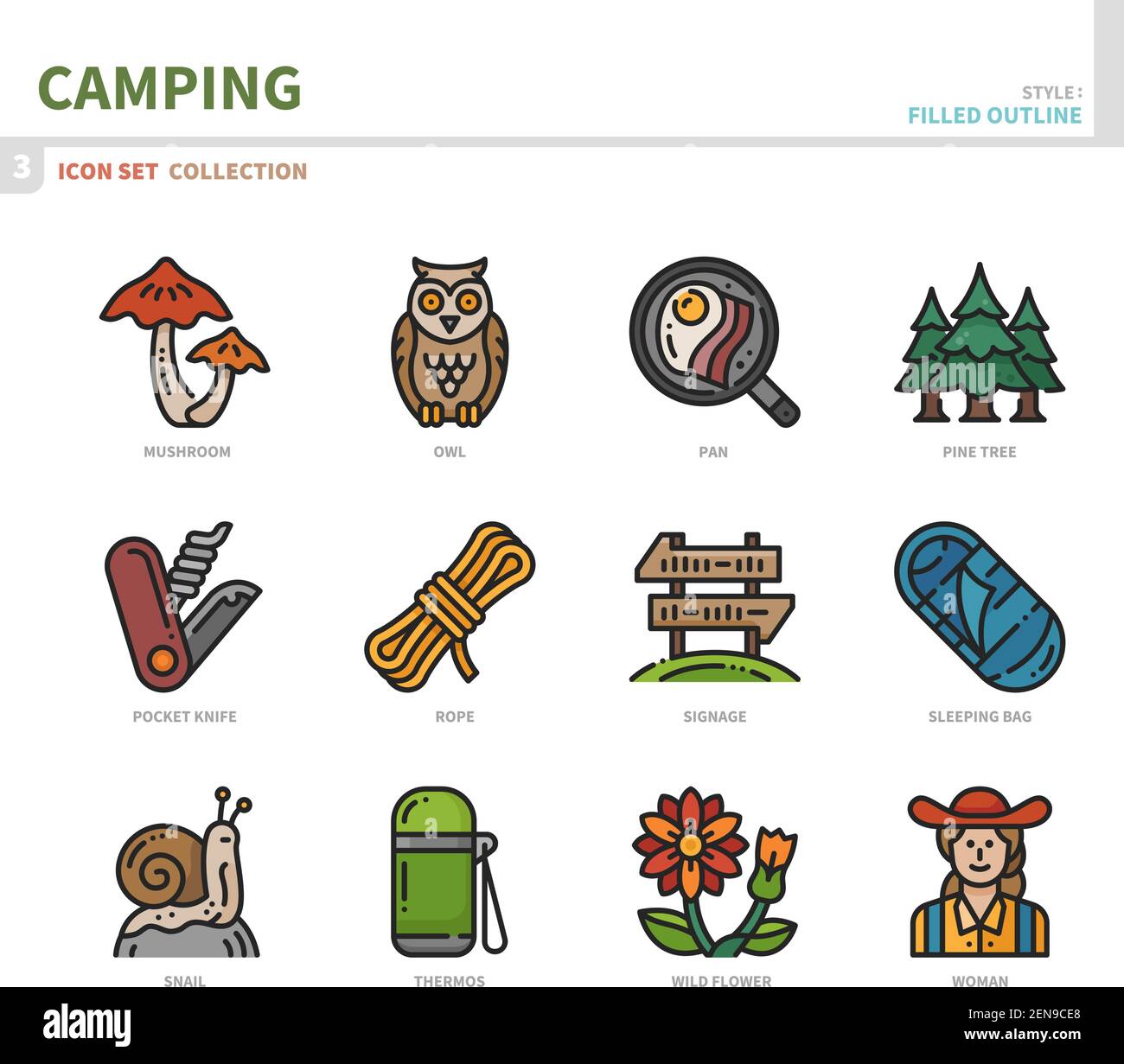 camping icon set,filled outline style,vector and illustration Stock Vector