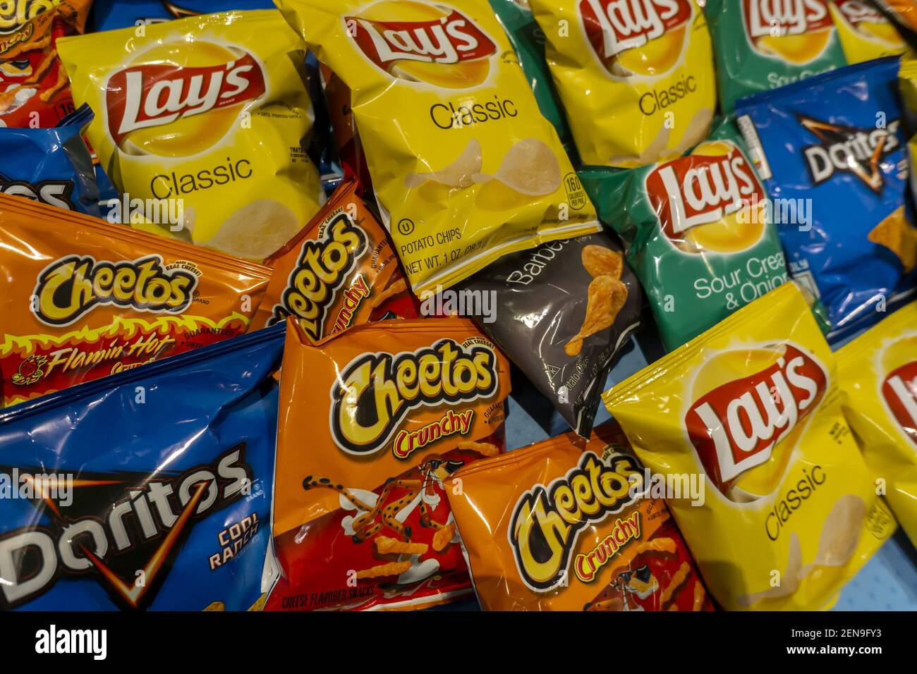 A display of tasty FritoLay brand chips and snacks in New York on