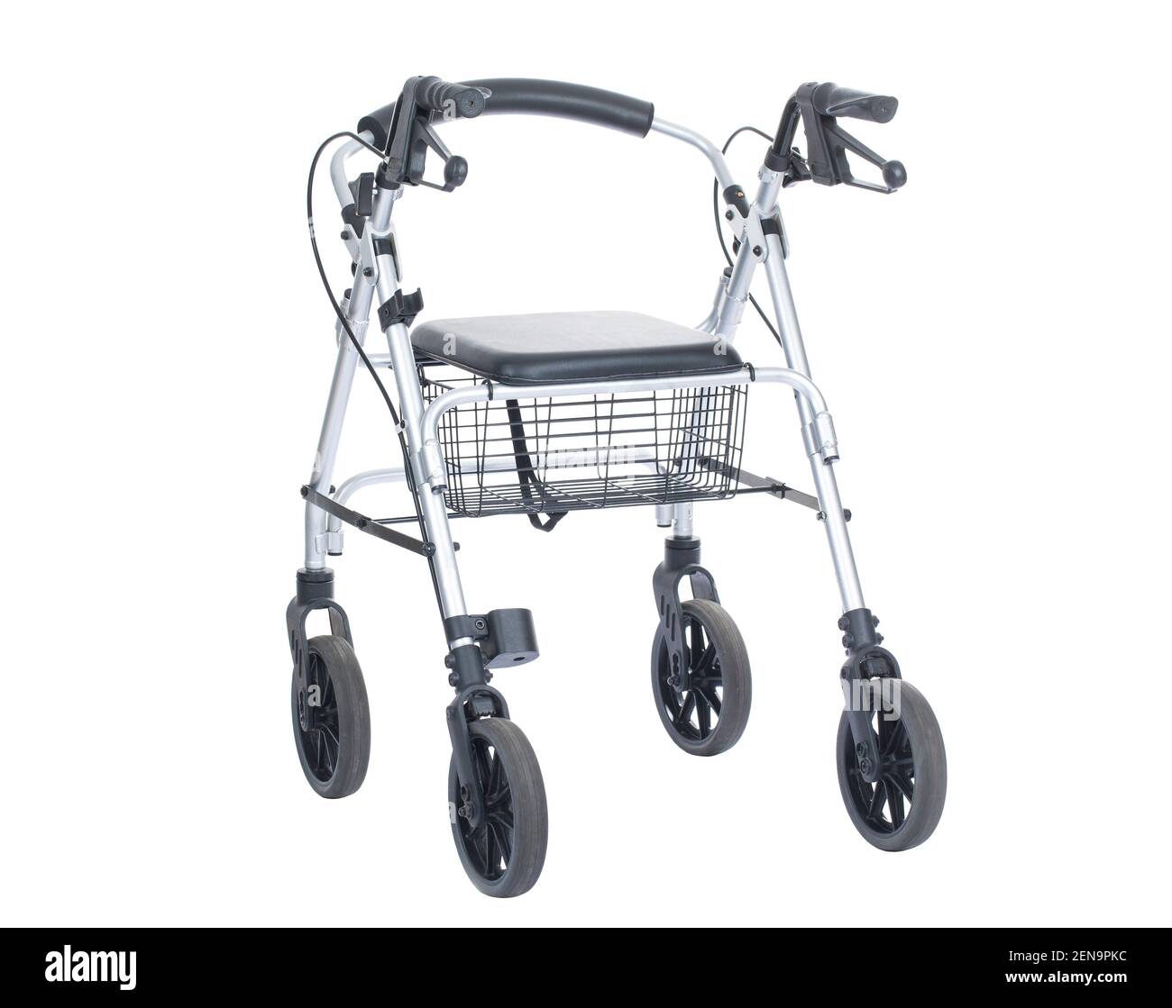 Rollator walking aid frame with four wheels, a seat and handlebars, elderly walking aid concept Stock Photo