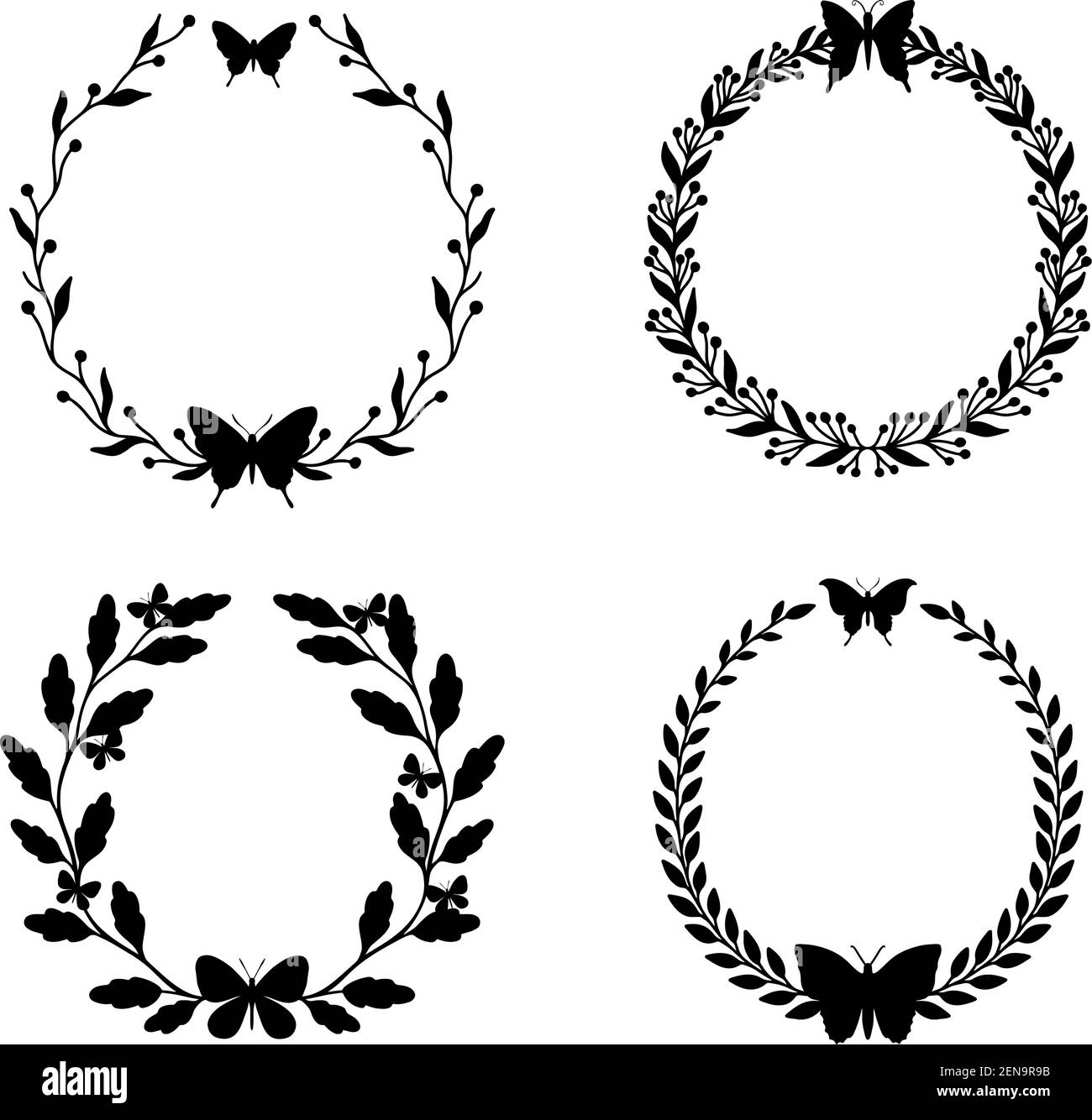 Wreath floral and butterfly set.Nature plant isolated in white background. Stock Vector