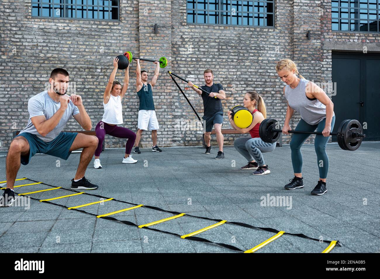 Agility ladder workout and weight lifting performed by various athletes