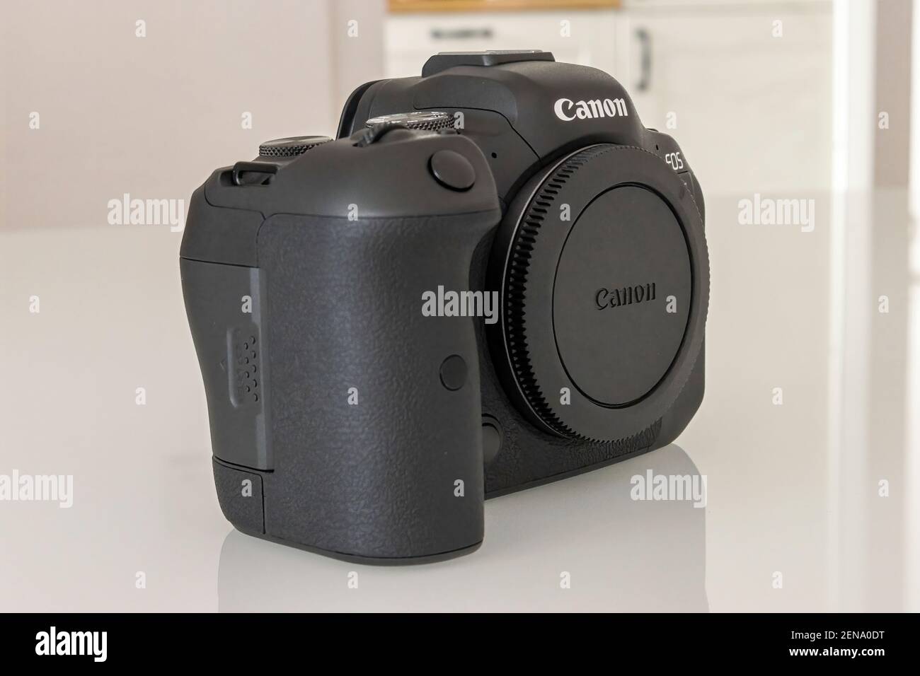 Frankfurt, Germany - 25th February 2021: A german photographer unboxes his new Canon EOS R6 after getting it delivered. Stock Photo