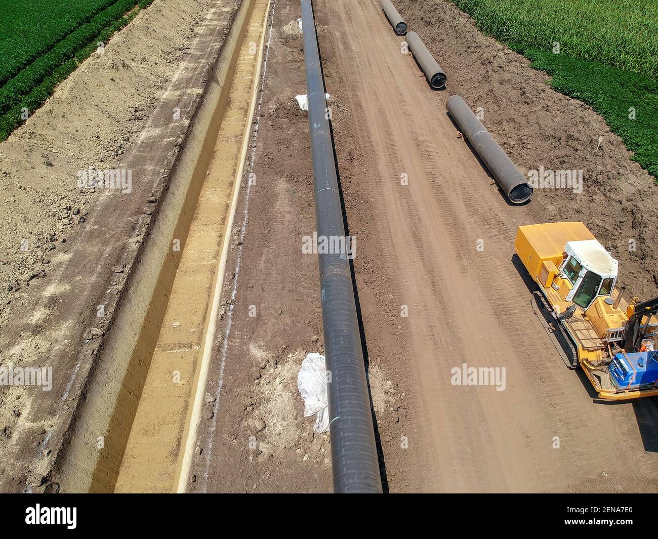Aerial Drone View of a Construction Site of the European Natural Gas Pipeline. Oil and Gas Industry. Turkish Stream. Stock Photo