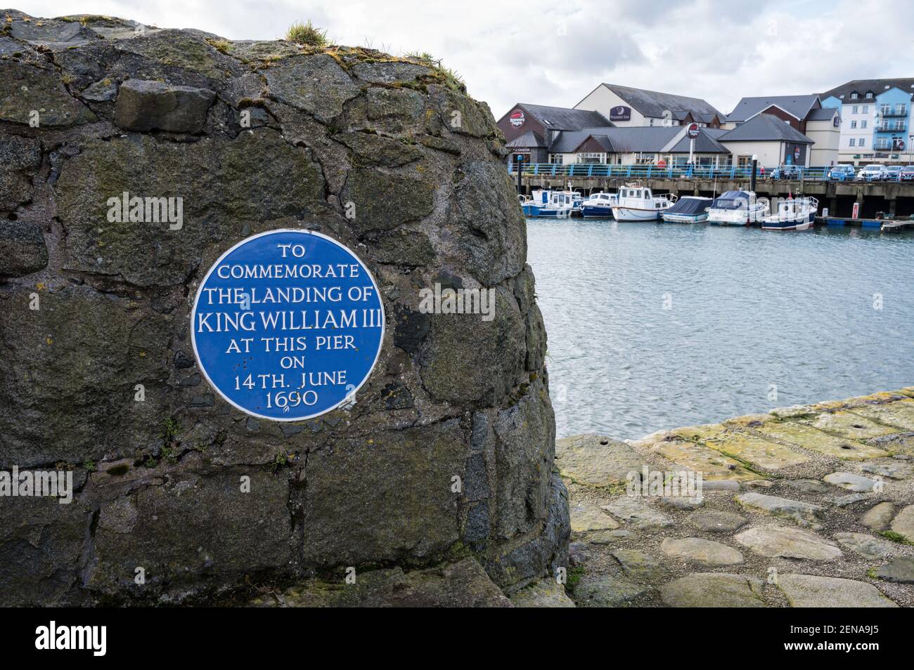 Carrickfergus, Northern Ireland- Feb 21, 2021: The plaque commemorating the landing site of King William III at Normand Castle in Carrickfergus Stock Photo