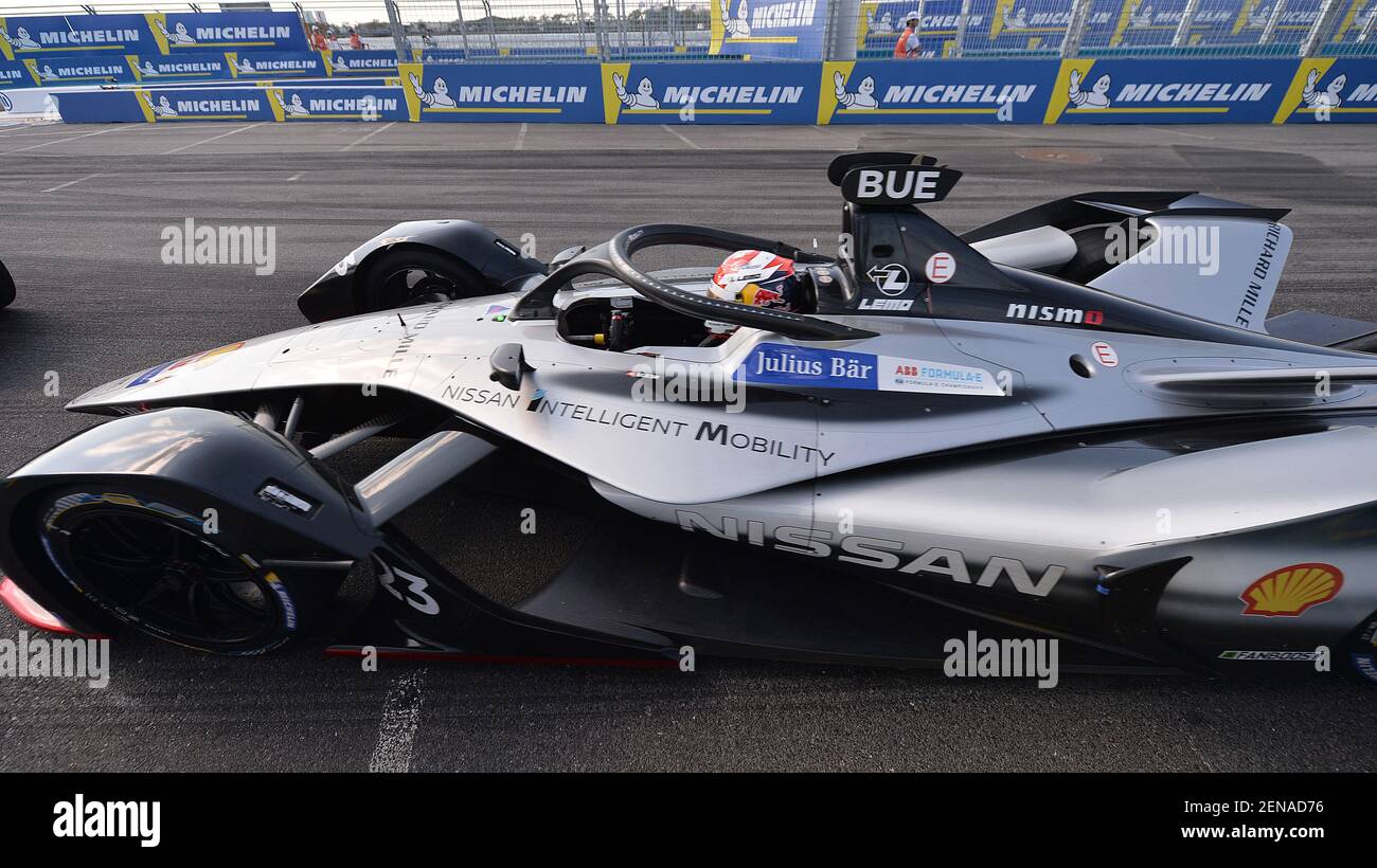 Sebastian Buemi, Nissan e.dams, seen racing in the13th round and final race of the of the 2018- 2019 ABB Formula E Championship, during the 2019 New York City E-Prix, in the New York City borough of Brooklyn, NY, July 14, 2019. (Anthony Behar/Sipa USA) Stock Photo