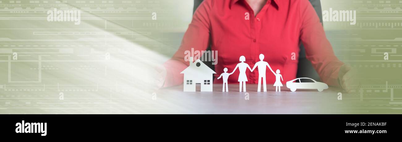 Insurer protecting house, family and car with his hands; panoramic banner Stock Photo