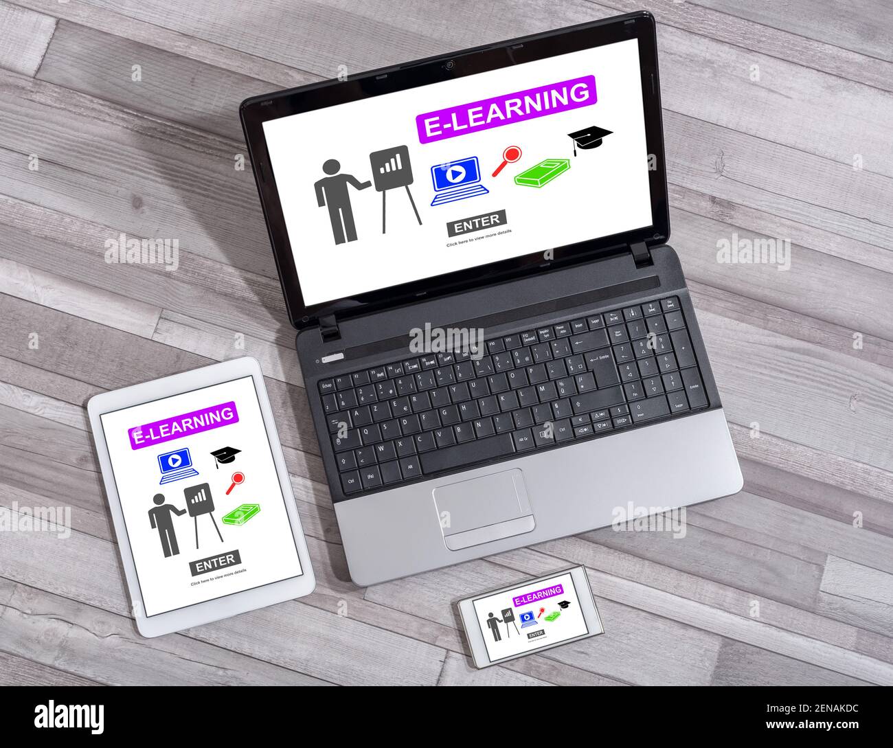 E-learning concept shown on different information technology devices Stock Photo