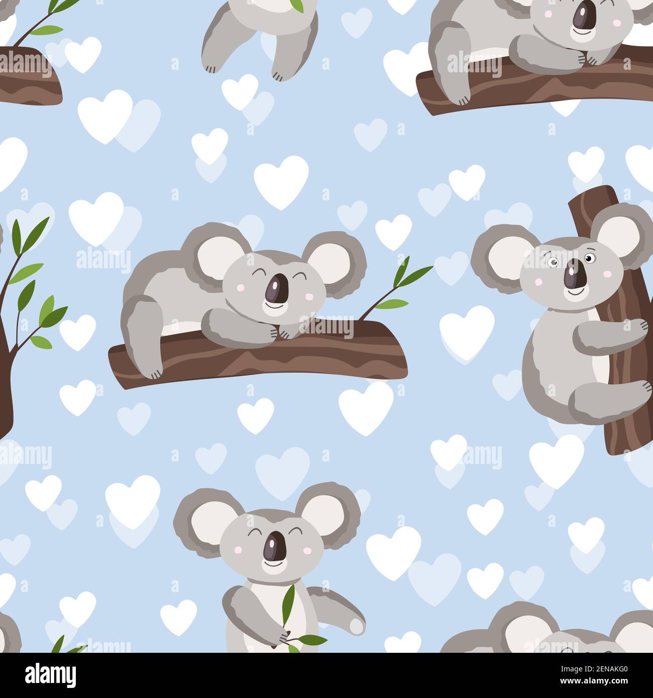 Seamless Pattern With Cute Koala Baby And Hearts On Color Background Funny Australian Animals Card Postcards For Kids Flat Vector Illustration For Stock Vector Image Art Alamy