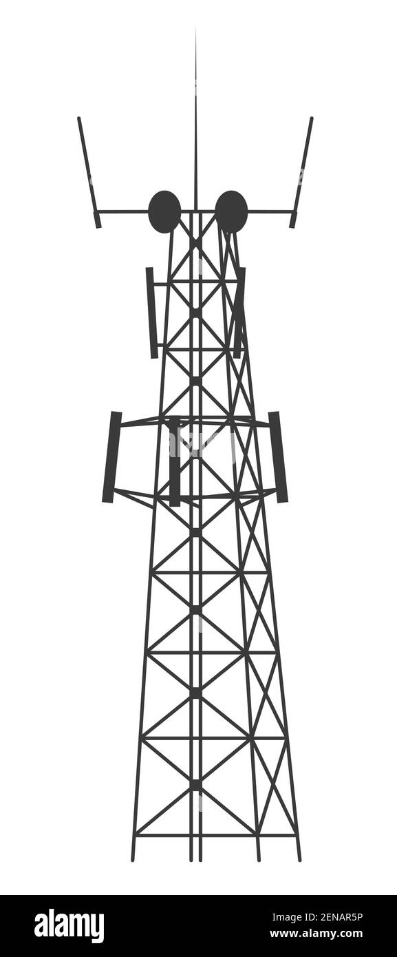 Transmission cellular tower. Mobile and radio communications tower with antennas for wireless connections. Outline vector illustration isolated on Stock Vector